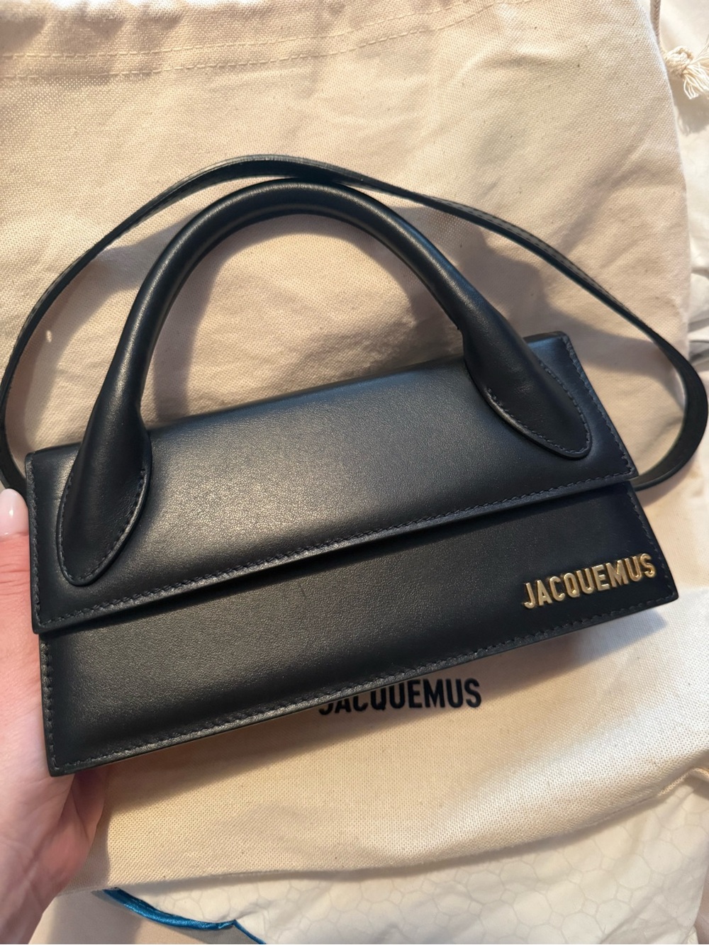 Jacquemus Black Leather Shoulder Bag with Gold Logo